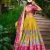 Mustard Dola Silk Lehenga Choli Set with Kalamkari Print and Zari Weaving
