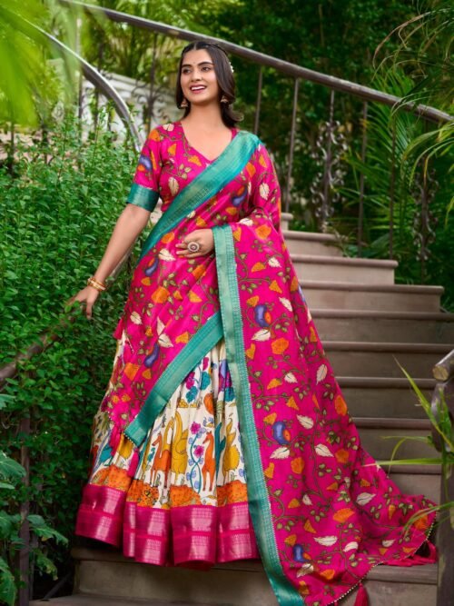 White Dola Silk Lehenga Choli Set with Kalamkari Print and Zari Weaving