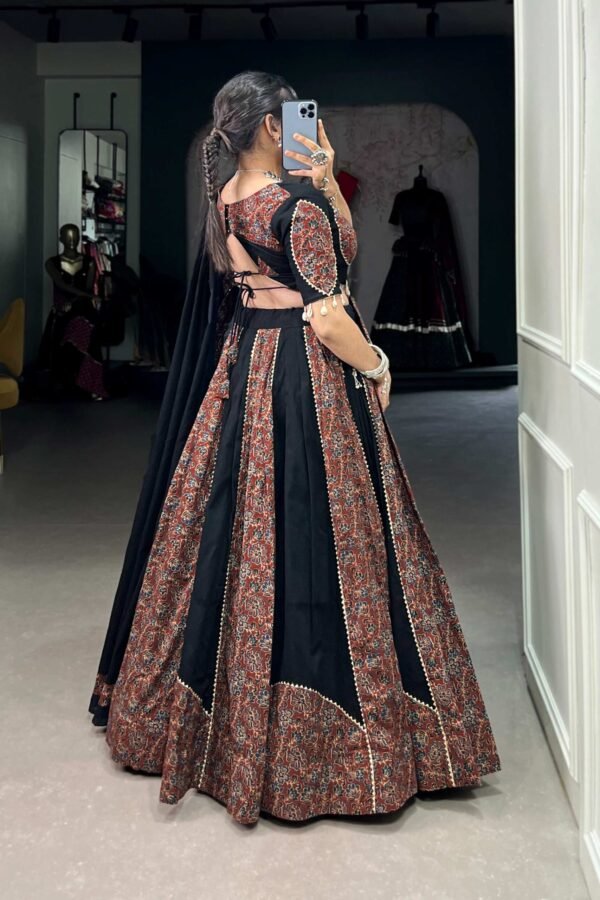 1657MRNBACK.jpg Black Cotton Chaniya Choli Set with Gota Patti and Printed Work Traditional Lehenga