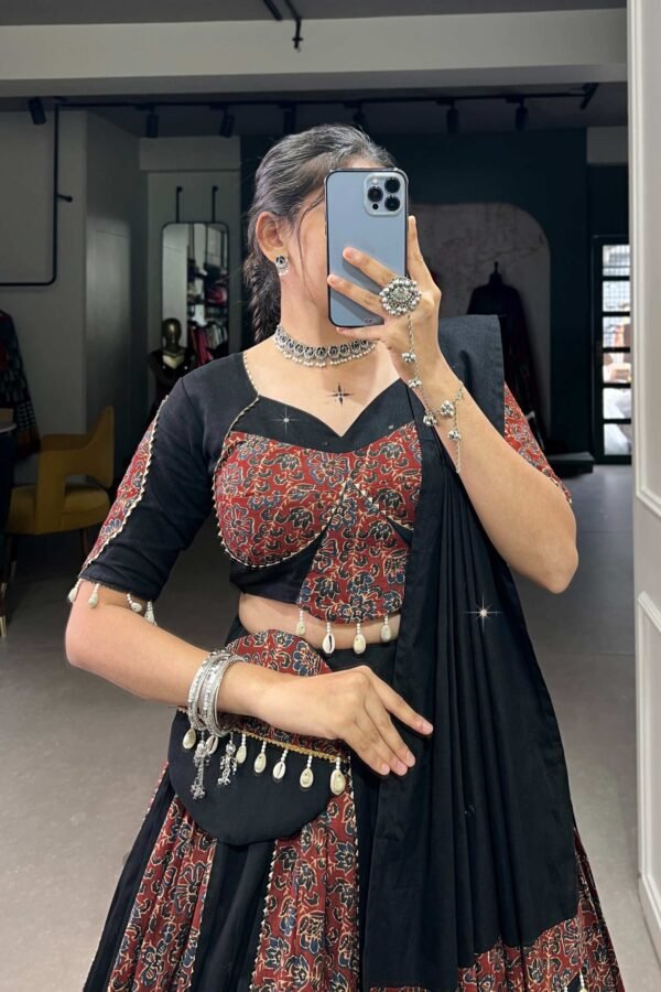 1657MRNCLO.jpg Black Cotton Chaniya Choli Set with Gota Patti and Printed Work Traditional Lehenga