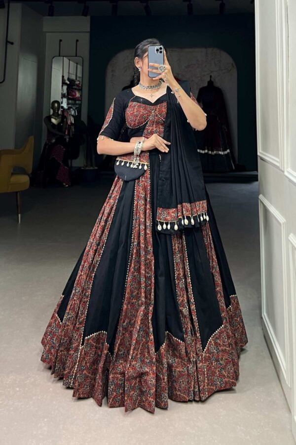 1657MRNMAIN.jpg Black Cotton Chaniya Choli Set with Gota Patti and Printed Work Traditional Lehenga