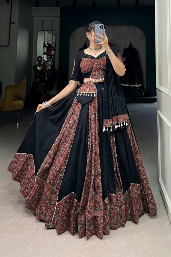1657MRNMAIN2.jpg Black Cotton Chaniya Choli Set with Gota Patti and Printed Work Traditional Lehenga