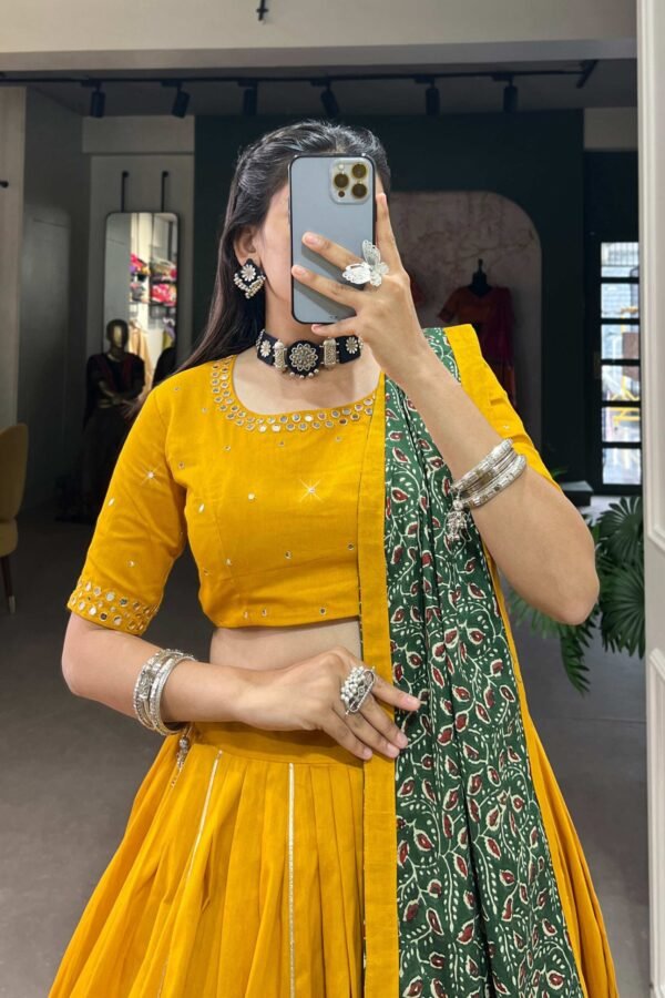 Mustard Color Plain With Gota Patti Cotton Lehenga Choli by Suratikart