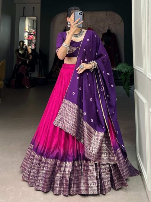 Lovely Pink Chanderi Lehenga with Zari Weaving Work and Bandhej Print Dupatta