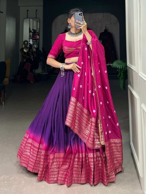 Purple Color Pure Chanderi Lehenga Set with Zari Weaving and Bandhej Print Dupatta