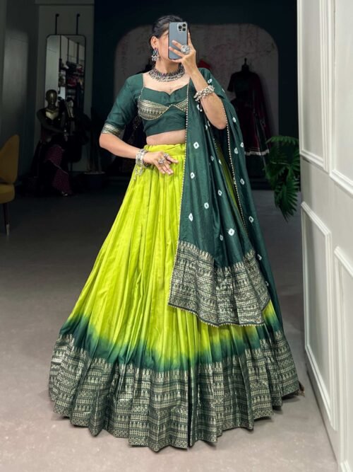 Parrot Green Pure Chanderi Lehenga Set - Exquisite Zari Weaving Work with Bandhej Print Dupatta