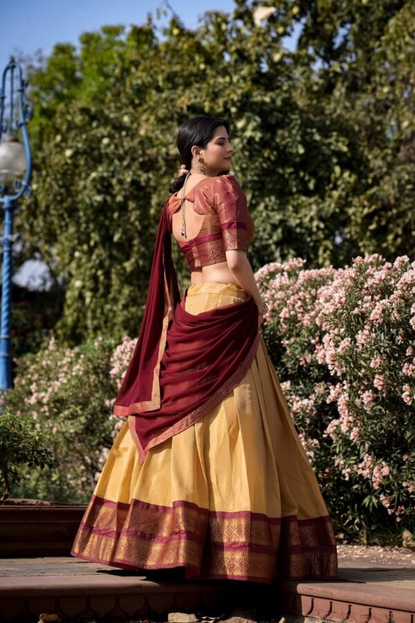 Cream Color Zari Weaving Work Kanchipuram Lehenga Choli