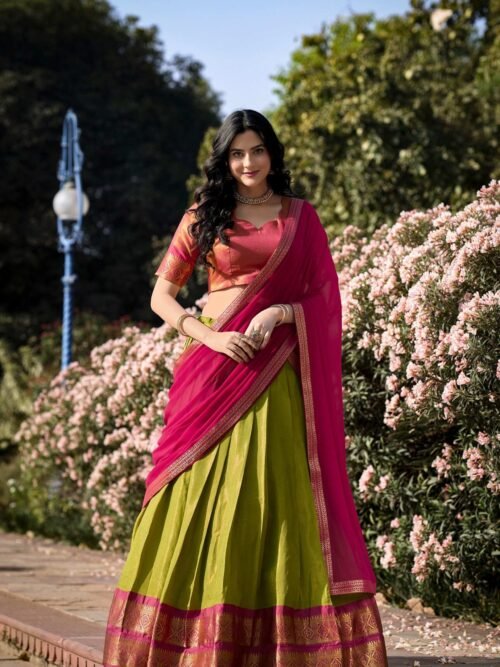 2001PSTMAIN1.jpg Parrot Green Color Zari Weaving Work Kanchipuram South Culture Lehenga Choli