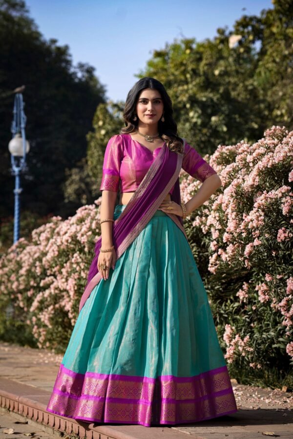 2001SBLMAIN.jpg Sky Blue Color Zari Weaving Work Kanchipuram Women Lehenga Choli