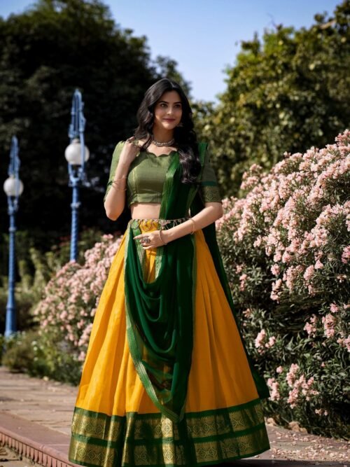 Yellow Color Zari Weaving Work Kanchipuram Haldi Lehenga Choli
