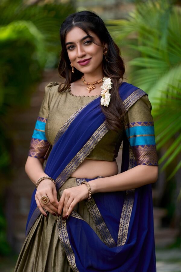 South Style Poly Cotton Half Chikoo Color Saree Set with Elegant Georgette Dupatta