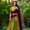 Olive Green South Style Poly Cotton Half Saree Lehenga with Georgette Dupatta
