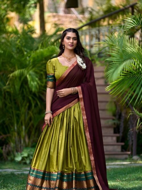 2004OGNMAIN-1.jpg Olive Green South Style Poly Cotton Half Saree Lehenga with Georgette Dupatta