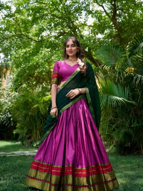 2004PNKMAIN1.jpg Pink Color South Style Poly Cotton Half Saree with Zari Weaving Lehenga and Elegant Dupatta