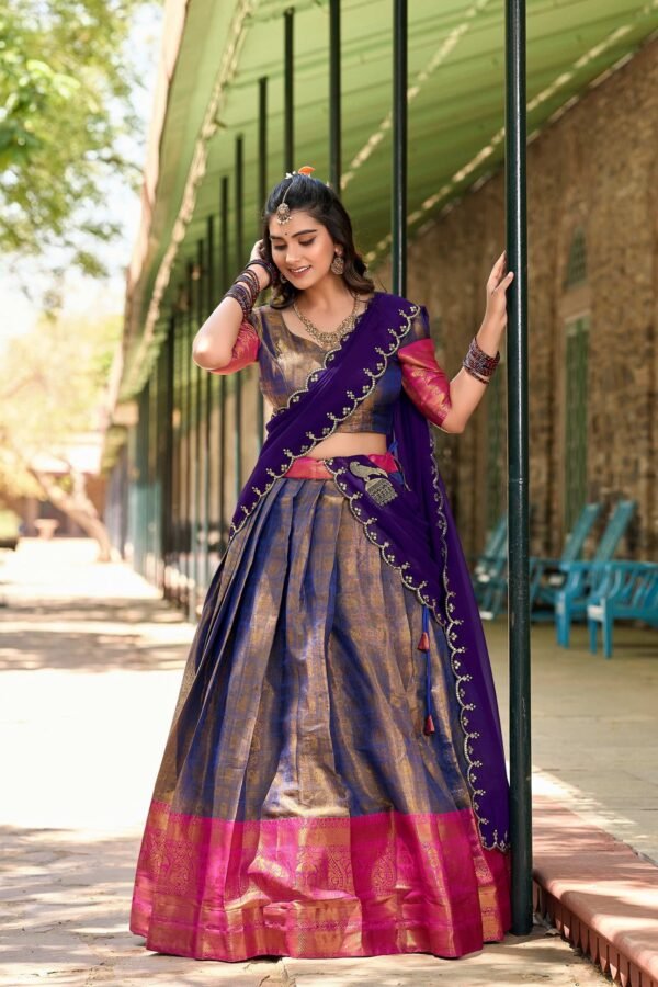 Luxurious Blue Zari South Indian Kanjivaram Lehenga Choli