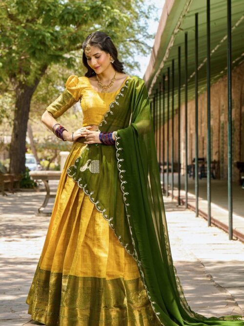 2020YLWMAIN1.jpg Yellow Color Zari Weaving Work Kanjivaram Lehenga Choli
