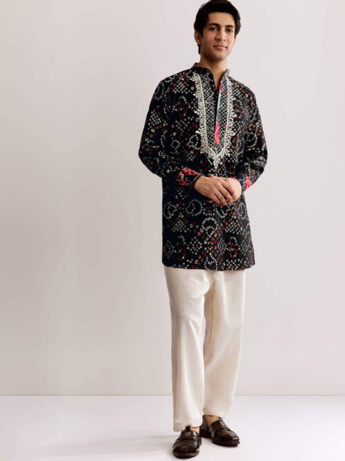Black Silk Kurta Set with Bandhani Print