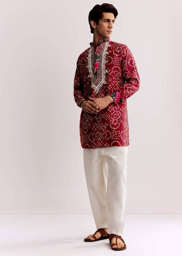 361_1 Red Silk Kurta Set With Bandhani Print