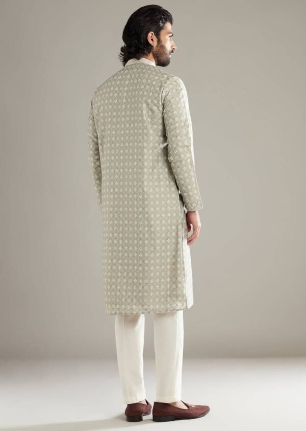 Green Silk Kurta Set For Men With Printed Motifs