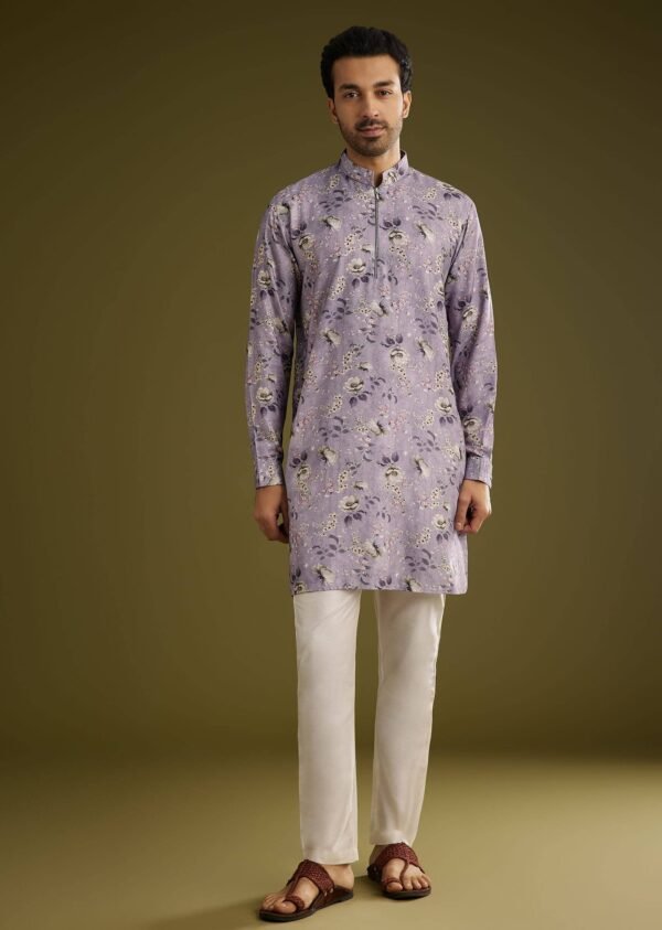 Purple Zipper Kurta Set in Russian Silk with Floral Print