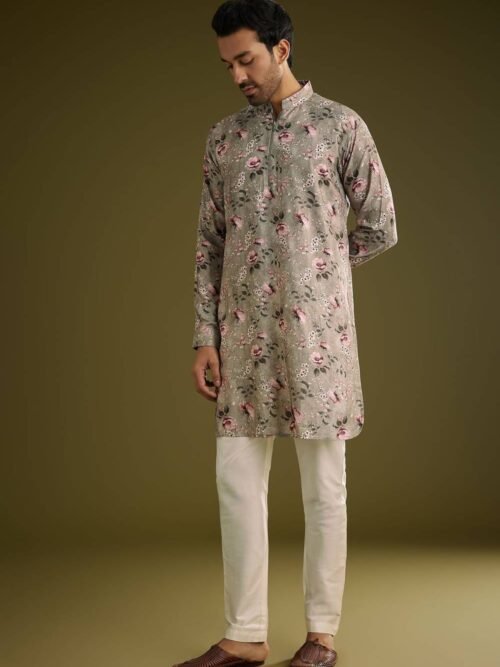 Grey Printed Kurta Set In Russian Silk With Zipper