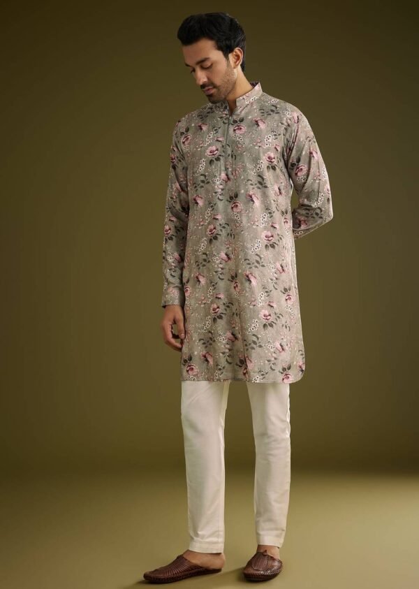 365_1 Grey Printed Kurta Set In Russian Silk With Zipper