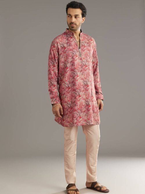 Red Pashmina Silk Zipper Kurta Set with Paisley Swirl Print