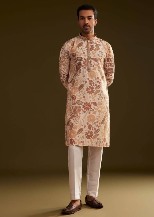 368_1 Cream Brown Silk Floral Printed Kurta Set