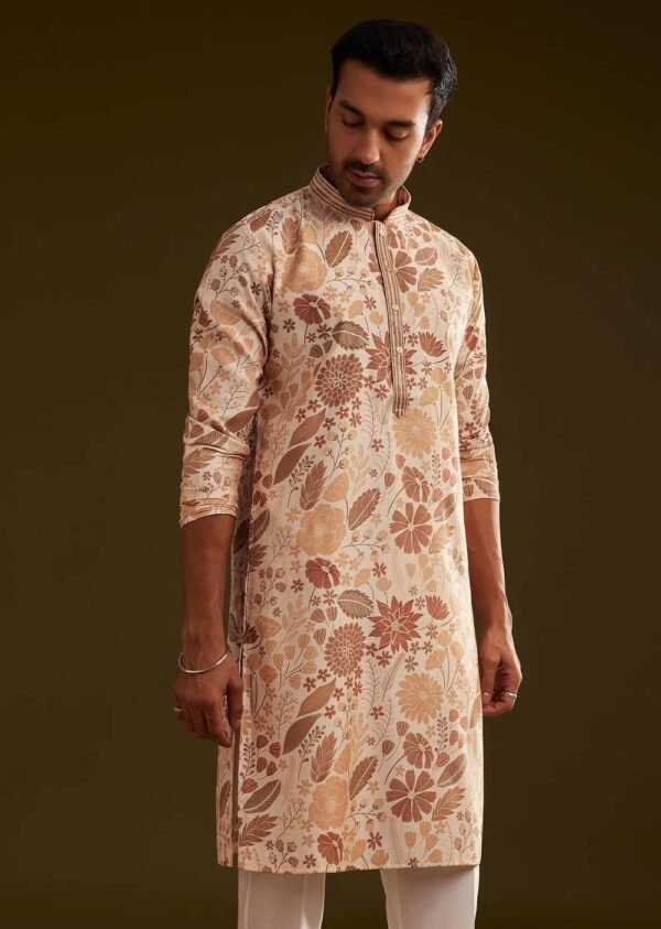 368_2 Cream Brown Silk Floral Printed Kurta Set