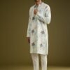 371_1 White Linen Zipper Kurta Set With Abstract Leaf Motifs