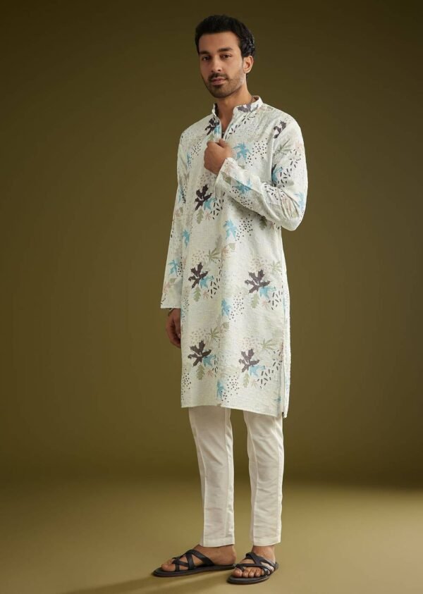 371_1 White Linen Zipper Kurta Set With Abstract Leaf Motifs