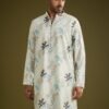 371_2 White Linen Zipper Kurta Set With Abstract Leaf Motifs