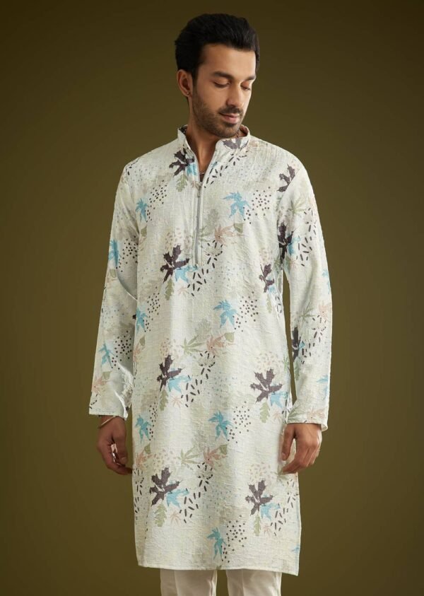 371_2 White Linen Zipper Kurta Set With Abstract Leaf Motifs