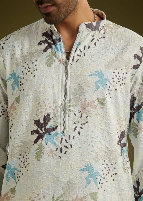 371_3 White Linen Zipper Kurta Set With Abstract Leaf Motifs