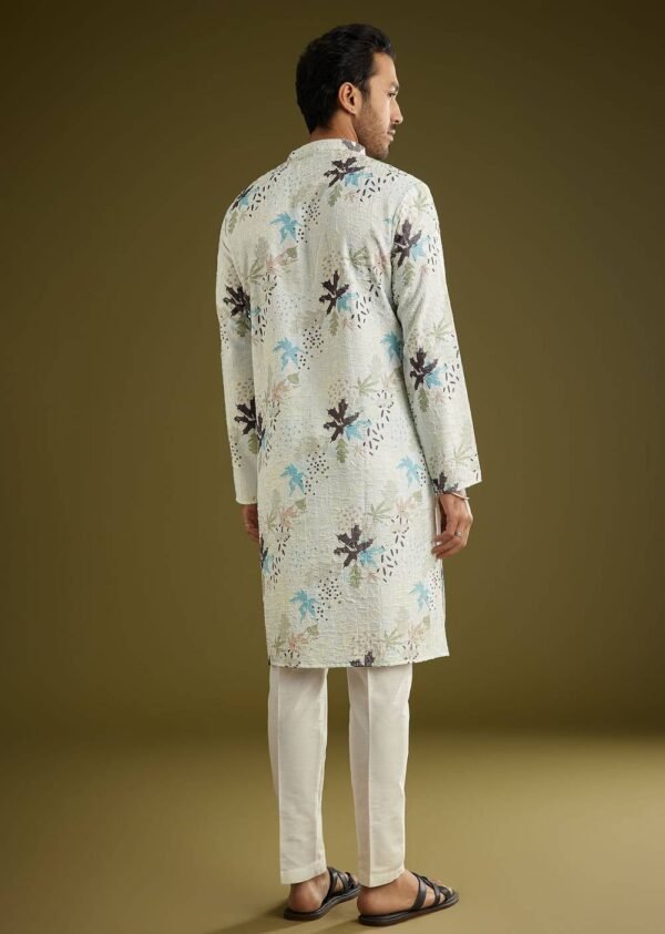 371_4 White Linen Zipper Kurta Set With Abstract Leaf Motifs