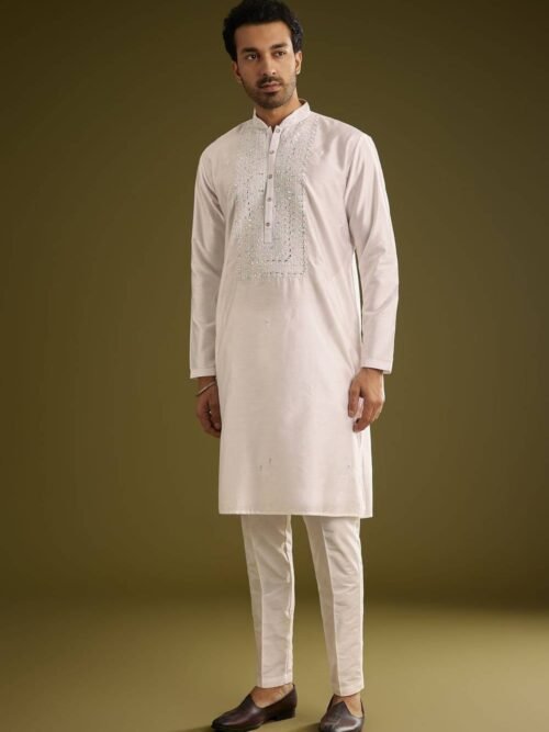 Off White Silk Kurta Set With Thread And Mirror Work
