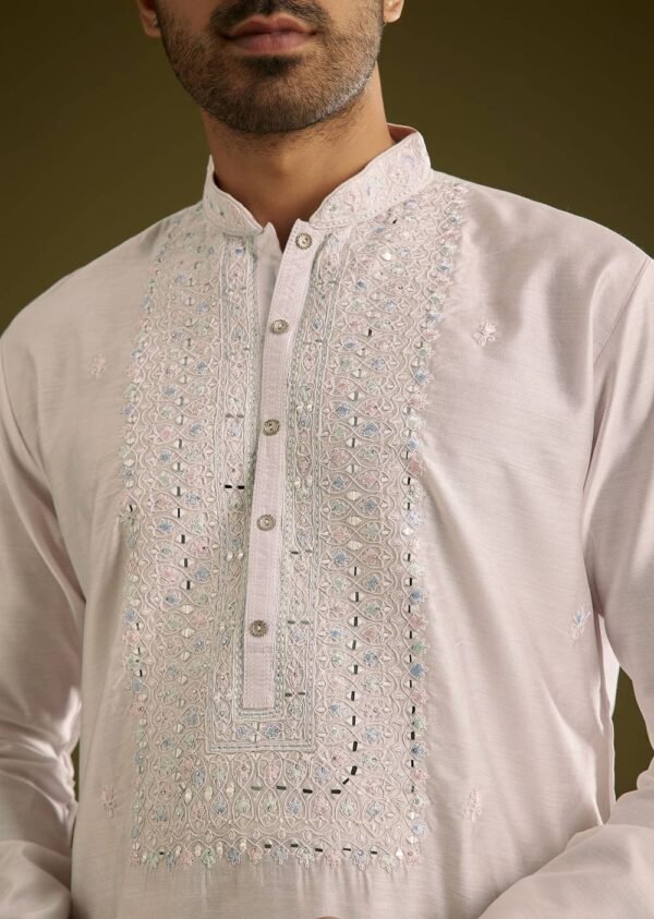 Off White Silk Kurta Set With Thread And Mirror Work
