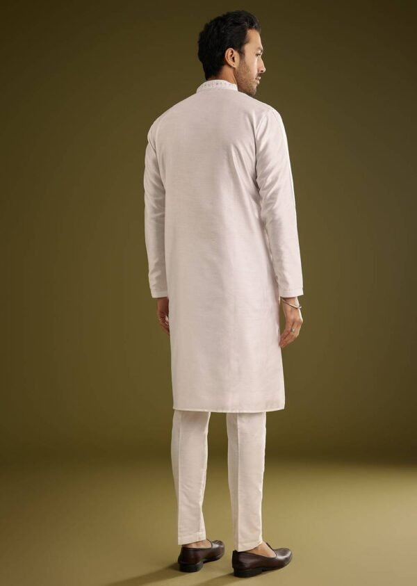 Off White Silk Kurta Set With Thread And Mirror Work