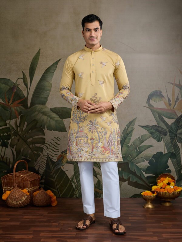 Yellow Viscose Silk Mens kurta for haldi ceremony