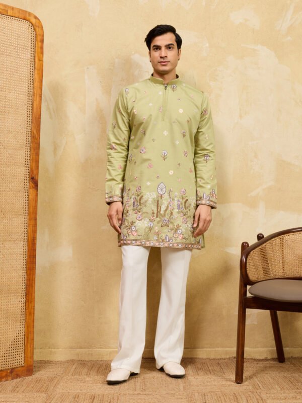 376_1 Light Green Festive Wear Embroidered Kurta Set For Mens