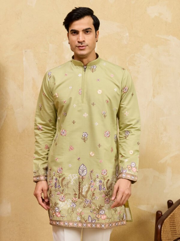 376_2 Light Green Festive Wear Embroidered Kurta Set For Mens