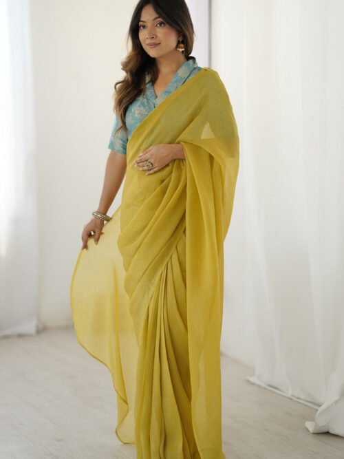 Charming Baby Yellow Sparkle Silk Ready-to-Wear Saree