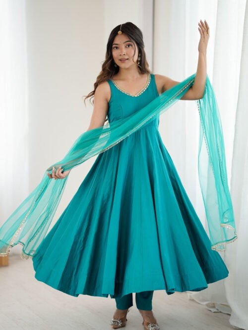 Turquoise Roman Silk Anarkali Suit Set