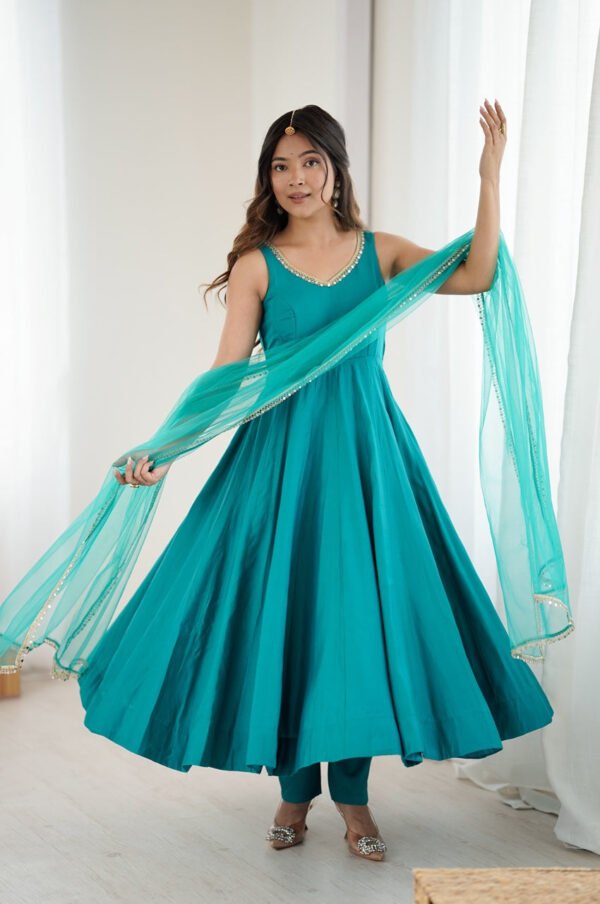 Turquoise Roman Silk Anarkali Suit Set