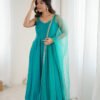 Turquoise Roman Silk Anarkali Suit Set