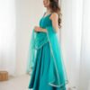 Turquoise Roman Silk Anarkali Suit Set