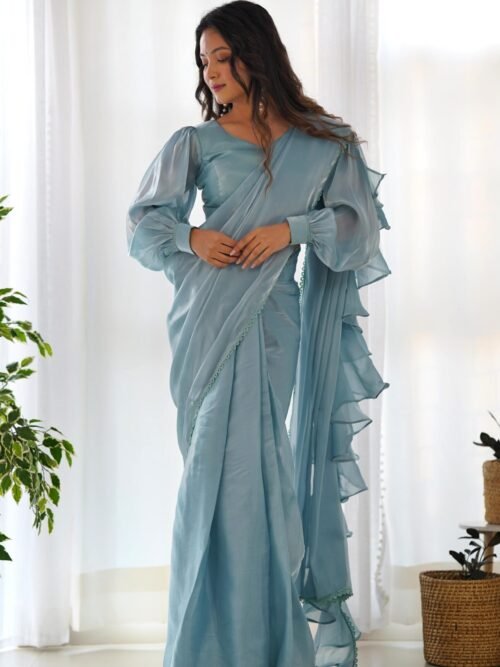 Sky Blue Ready-to-Wear Saree with Stitched Blouse in Luxurious Jimmy Choo Fabric