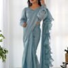 Sky Blue Ready-to-Wear Saree with Stitched Blouse in Luxurious Jimmy Choo Fabric