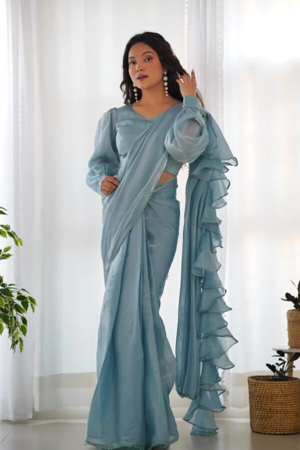 Sky Blue Ready-to-Wear Saree with Stitched Blouse in Luxurious Jimmy Choo Fabric