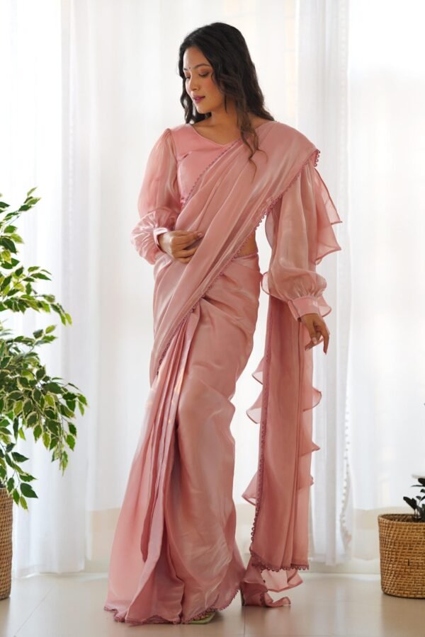 IMG_3276.jpg Elegant Pink Jimmy Organza Fabric Ready-to-Wear Saree with Stitched Blouse